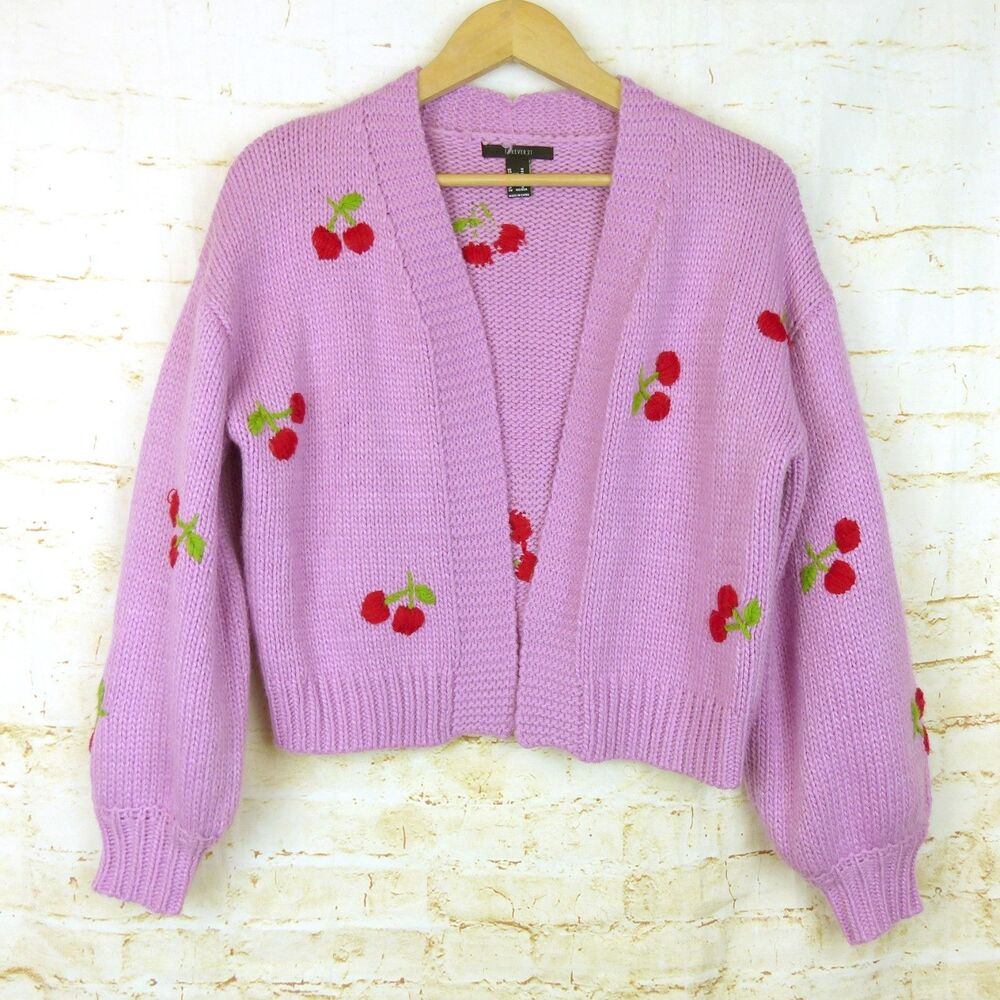 Forever 21 Cardigan Women M Pink Knit Cherry Embroidery Crop Kawaii Cottagecore